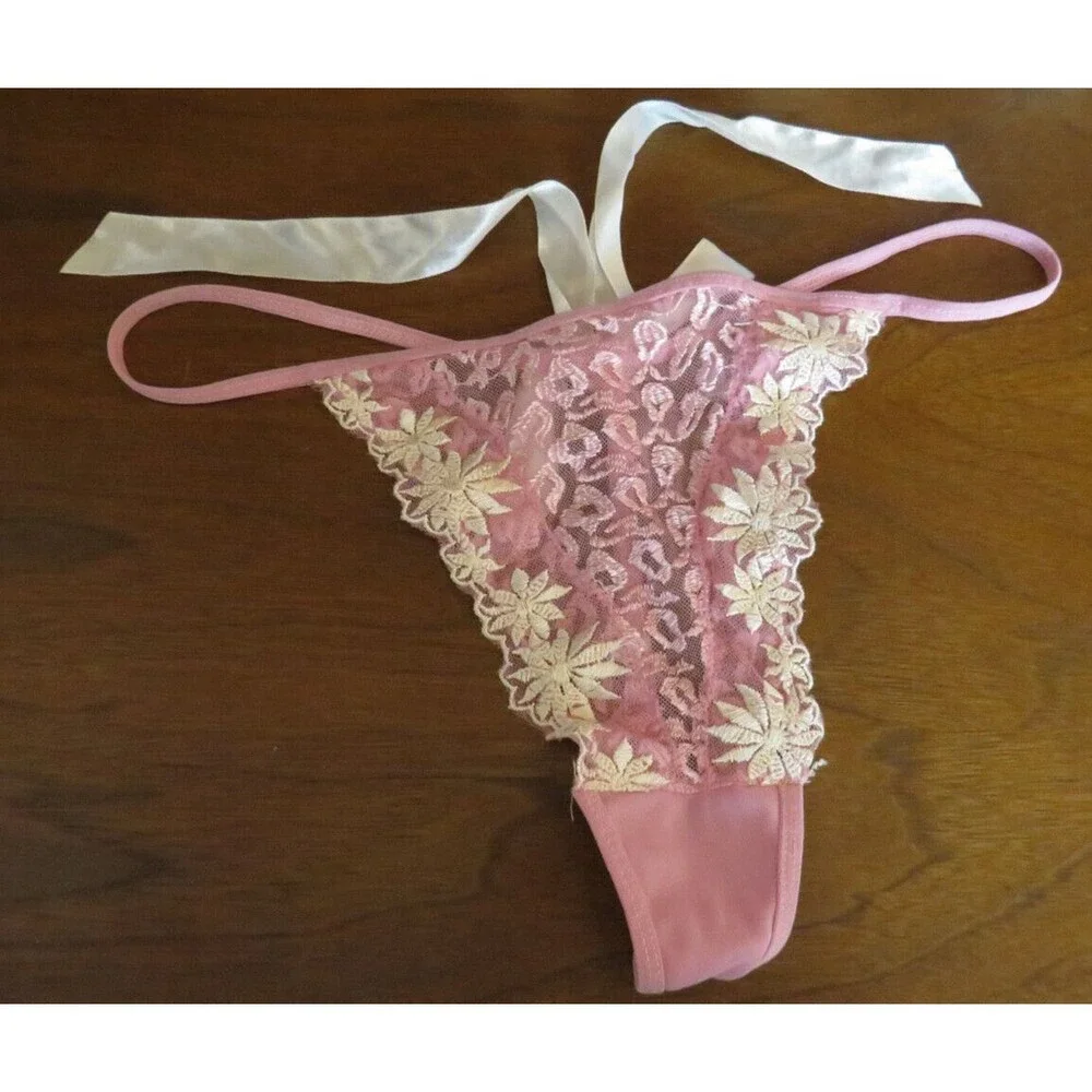 Vintage Glamour Pink Mesh Embroidered Thong Panties Satin Back Bow Size XL - Picture 5 of 14